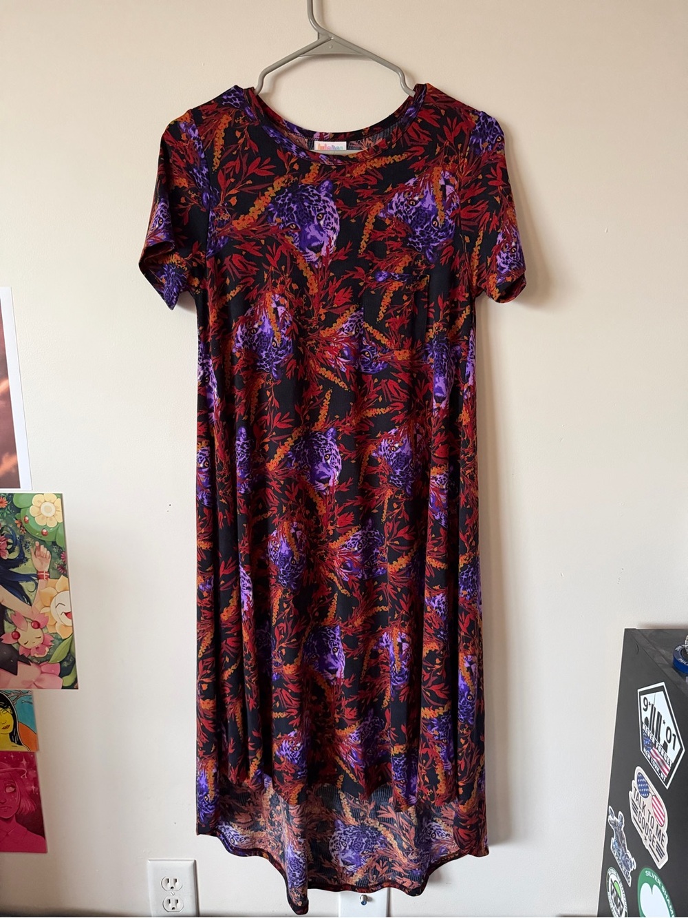 Lula Roe Floral Cheetah Print Short-Sleeve Midi Dress in Black, Purple & Red